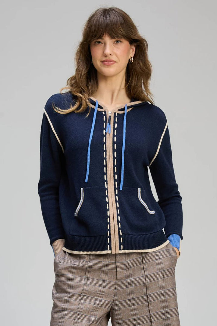 Woman wearing Threaded Hoodie in Dark Denim by Zaket & Plover front