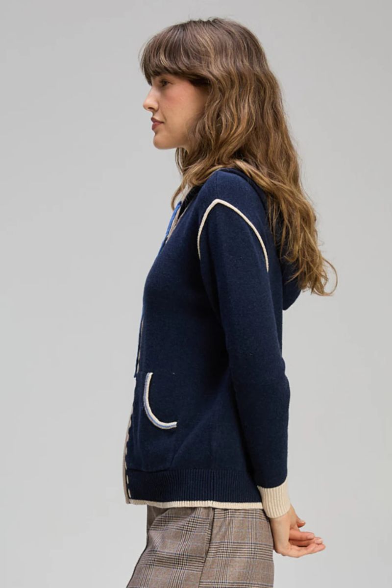 Woman wearing Threaded Hoodie in Dark Denim by Zaket & Plover side