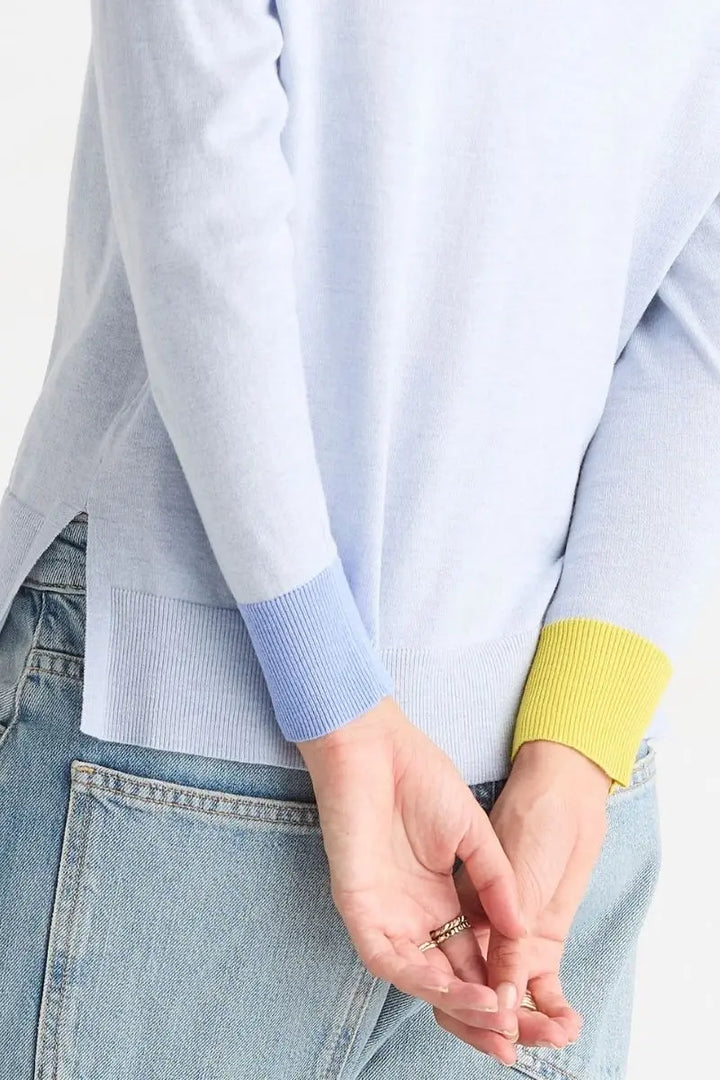 Woman wearing V Accent Knit in Clear Sky by Zaket & Plover back