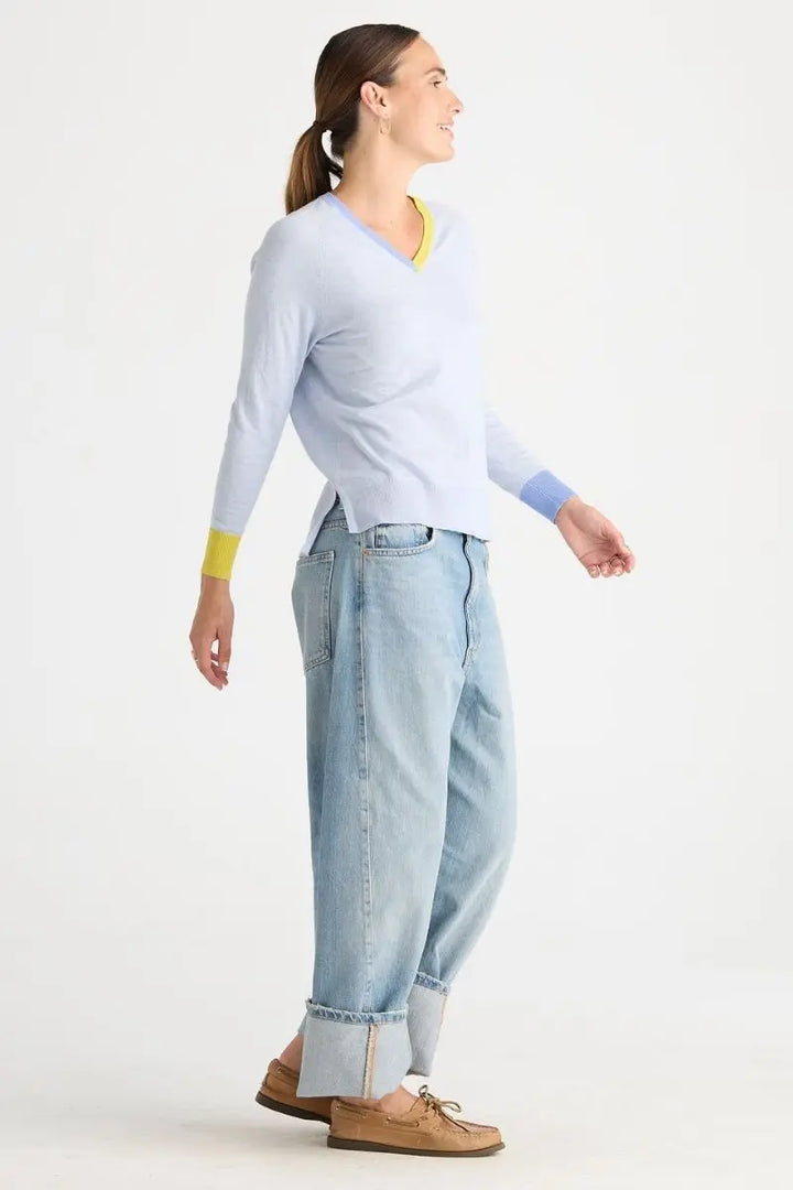 Woman wearing V Accent Knit in Clear Sky by Zaket & Plover side