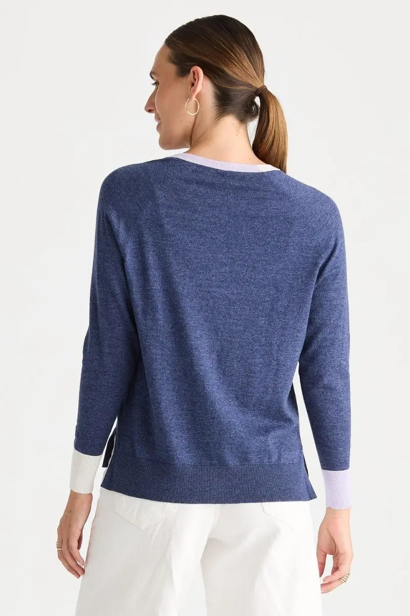 Woman wearing V Accent Knit in Denim by Zaket & Plover back
