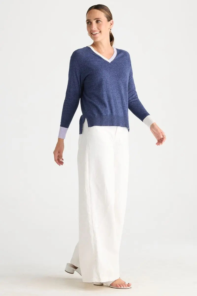 Woman wearing V Accent Knit in Denim by Zaket & Plover side
