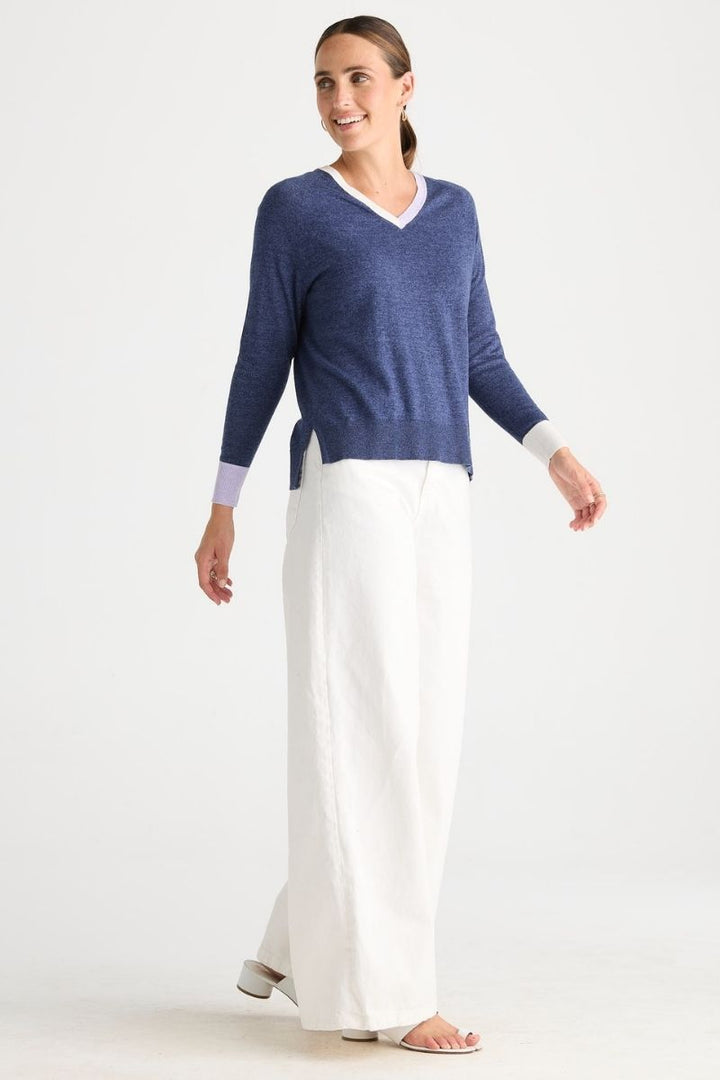 Woman wearing V Accent Knit in Denim by Zaket & Plover side