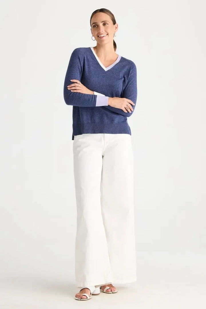 Woman wearing V Accent Knit in Denim by Zaket & Plover styled