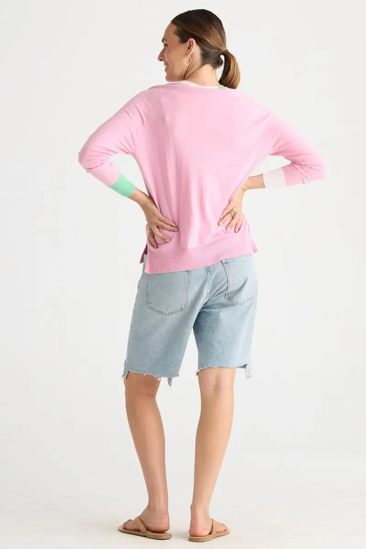 Woman wearing V Accent Knit in Tickled Pink by Zaket & Plover back