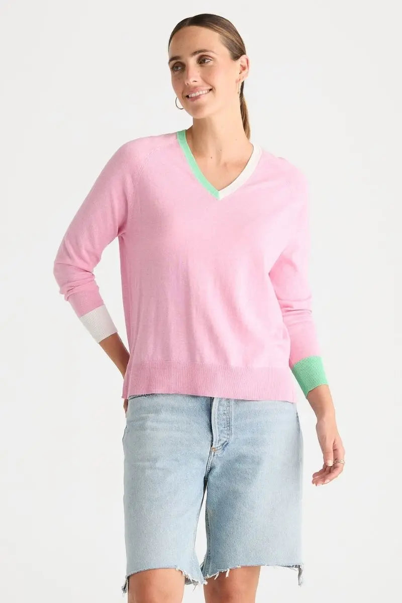 Woman wearing V Accent Knit in Tickled Pink by Zaket & Plover front