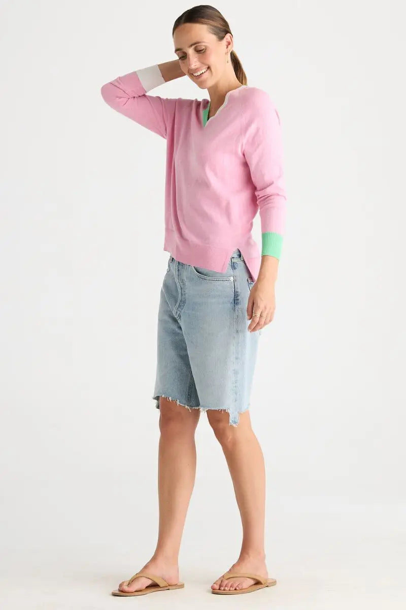 Woman wearing V Accent Knit in Tickled Pink by Zaket & Plover side