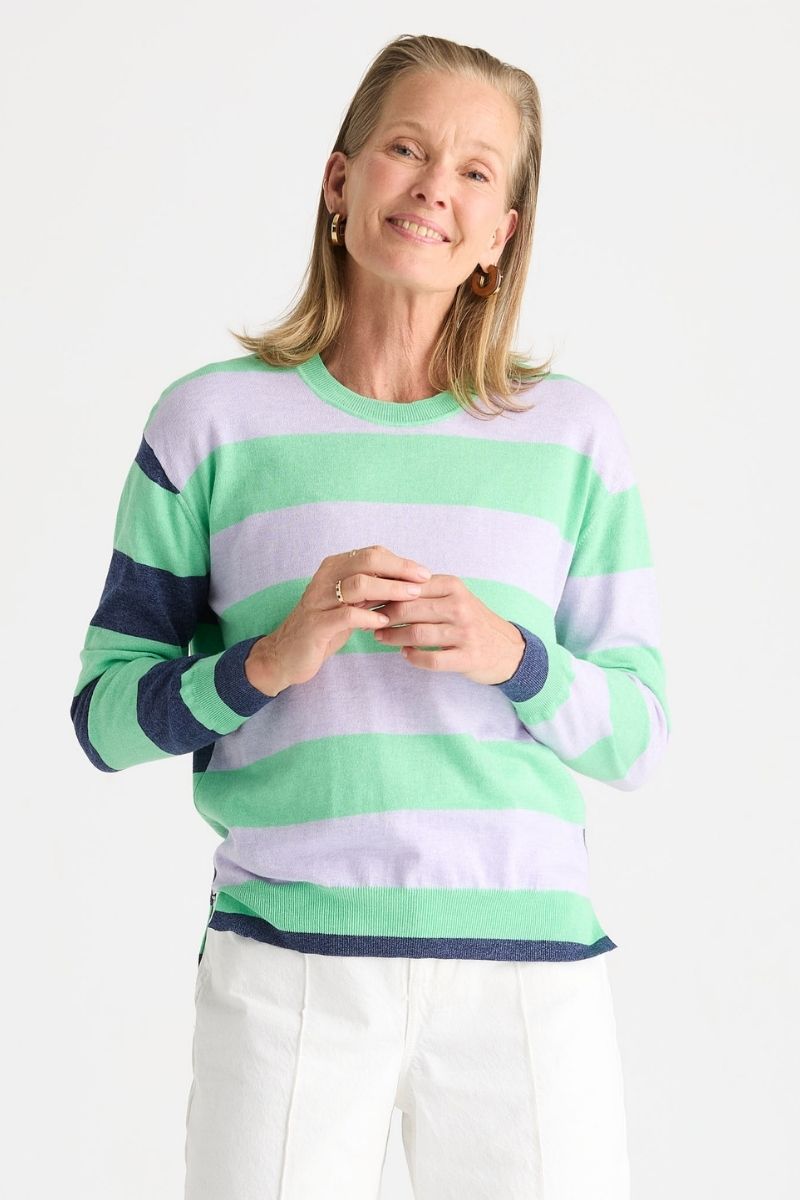 Woman wearing Coastal Striped Knit in Jelly Mint by Zaket & Plover style ZP8804 front