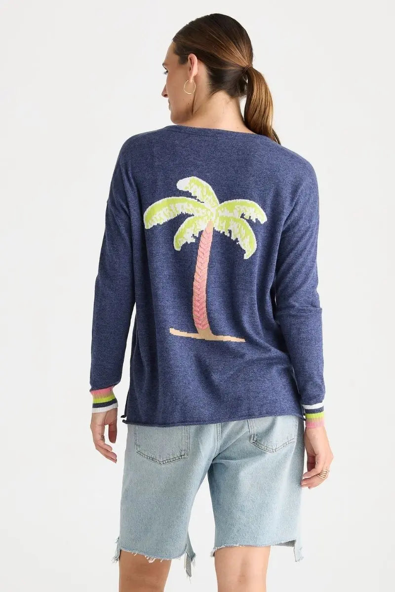 Back view of Island Tie Knit in Denim by Zaket & Plover style ZP8805 palm motif