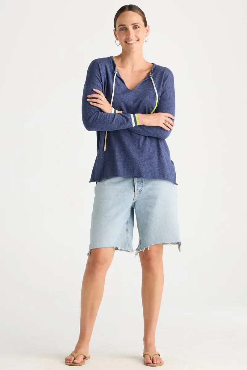Woman wearing Island Tie Knit in Denim by Zaket & Plover style ZP8805 front