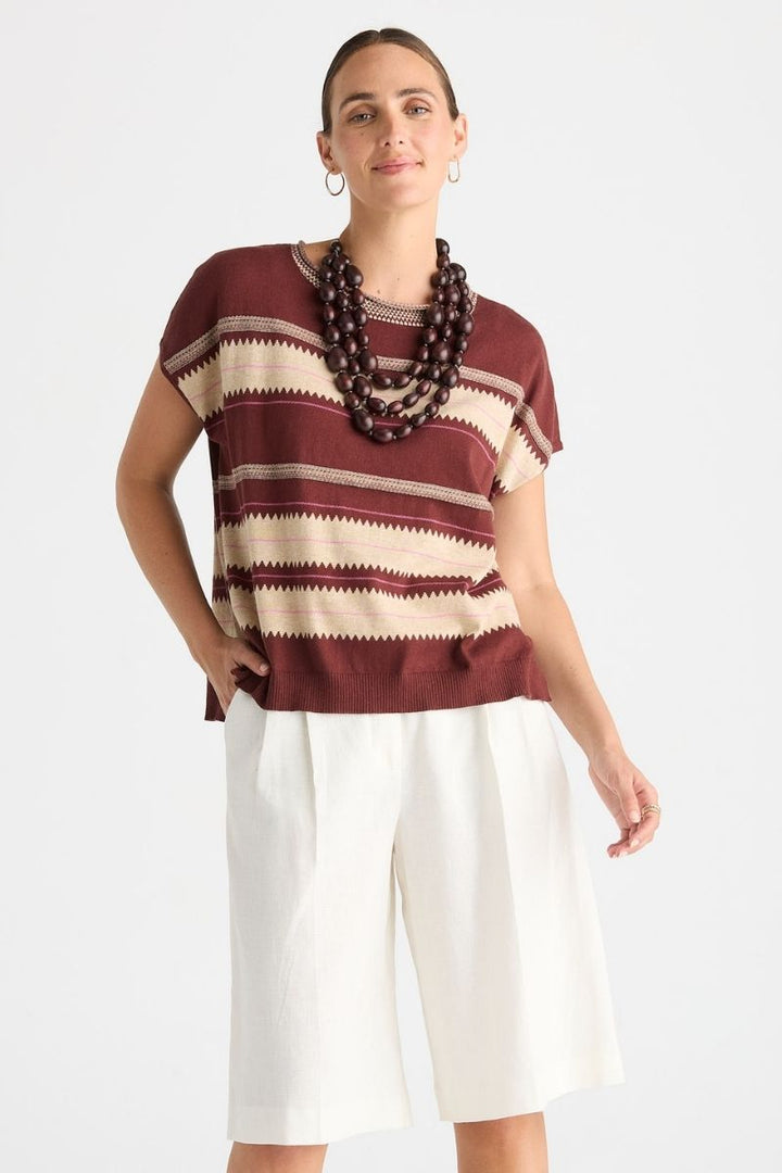 Woman wearing Zig Detail Top in Sangria by Zaket & Plover style ZP8806 front