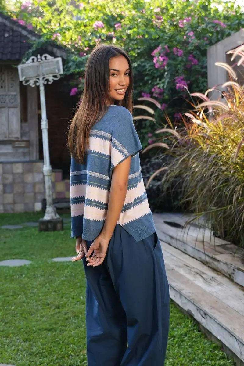 Woman wearing Zig Detail Top in Steel by Zaket & Plover style ZP8806 side