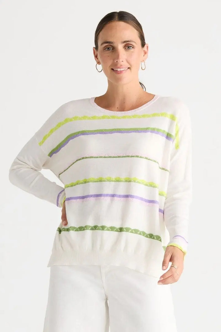 Woman wearing Lace Pop Knit in White by Zaket & Plover style ZP8807 front