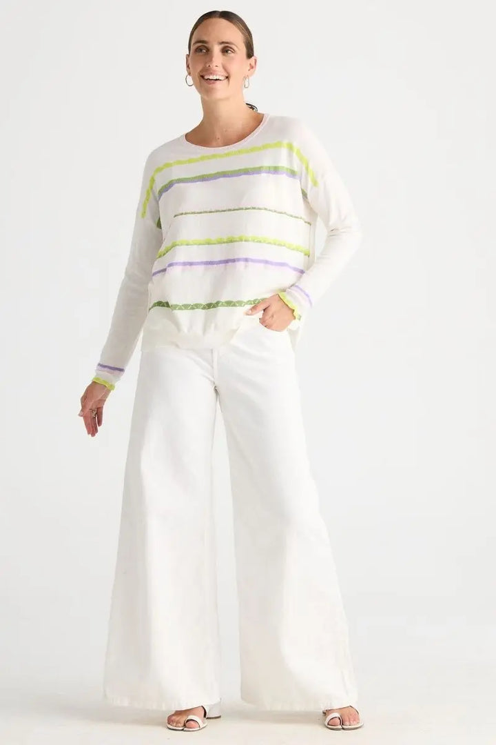 Woman wearing Lace Pop Knit in White by Zaket & Plover style ZP8807 styled