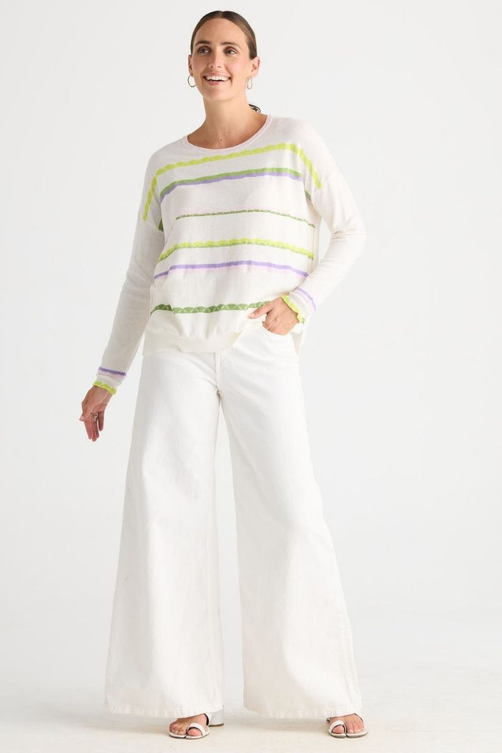 Woman wearing Lace Pop Knit in White by Zaket & Plover style ZP8807 styled