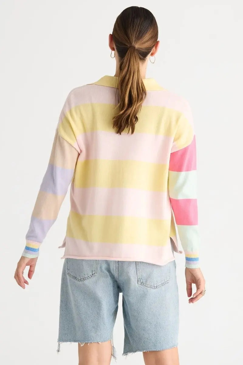 Woman wearing Summer Rugby Top in Banana by Zaket & Plover style ZP8810 back