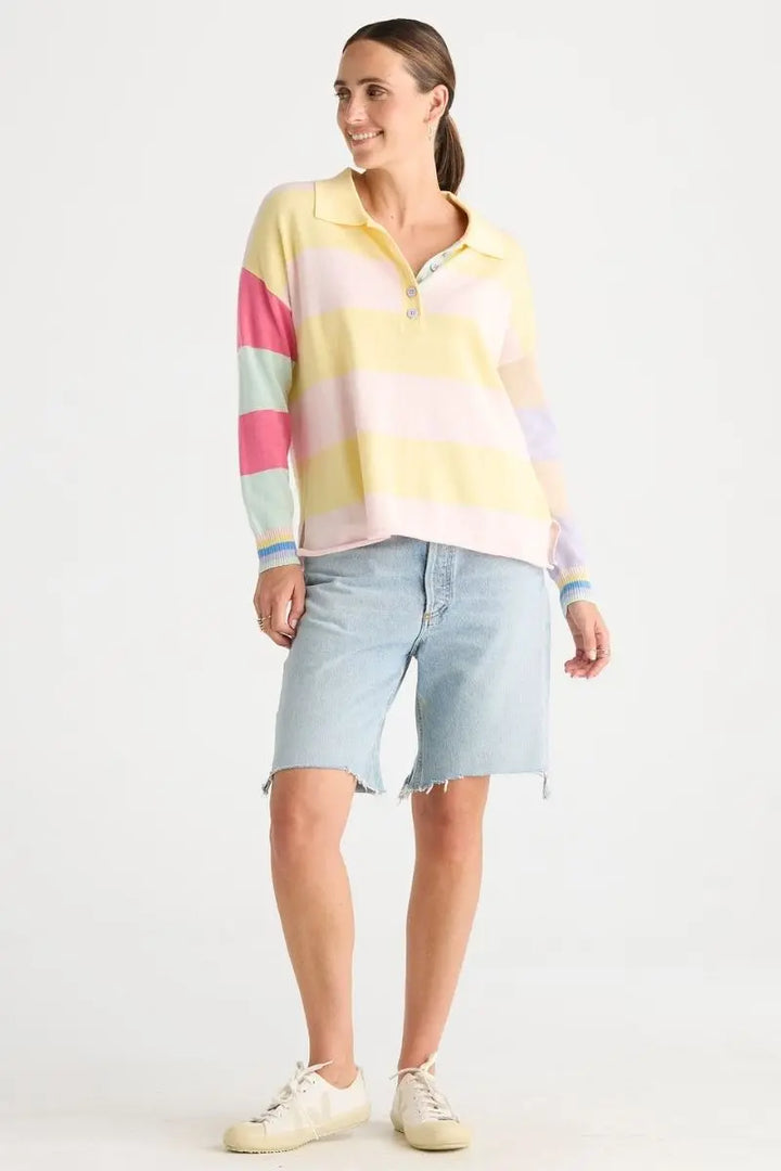 Detail of Summer Rugby Top in Banana by Zaket & Plover style ZP8810 collar and stripe