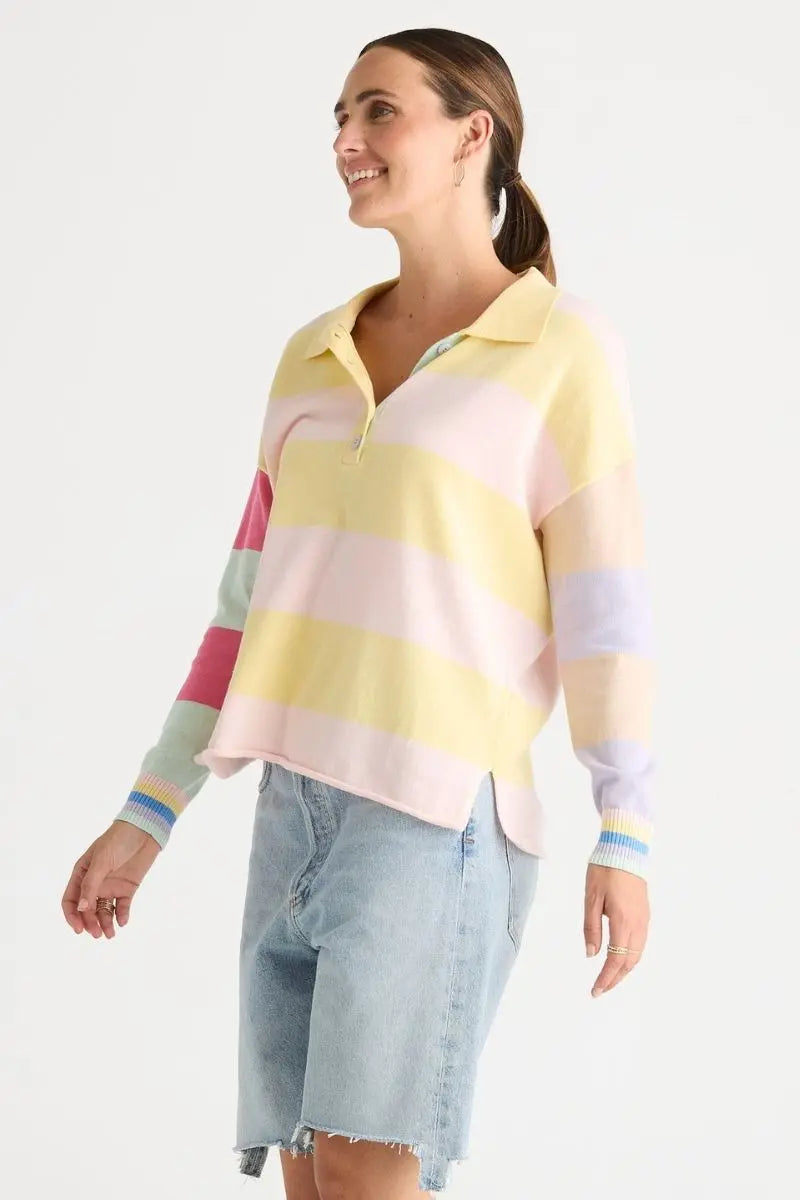 Woman wearing Summer Rugby Top in Banana by Zaket & Plover style ZP8810 side