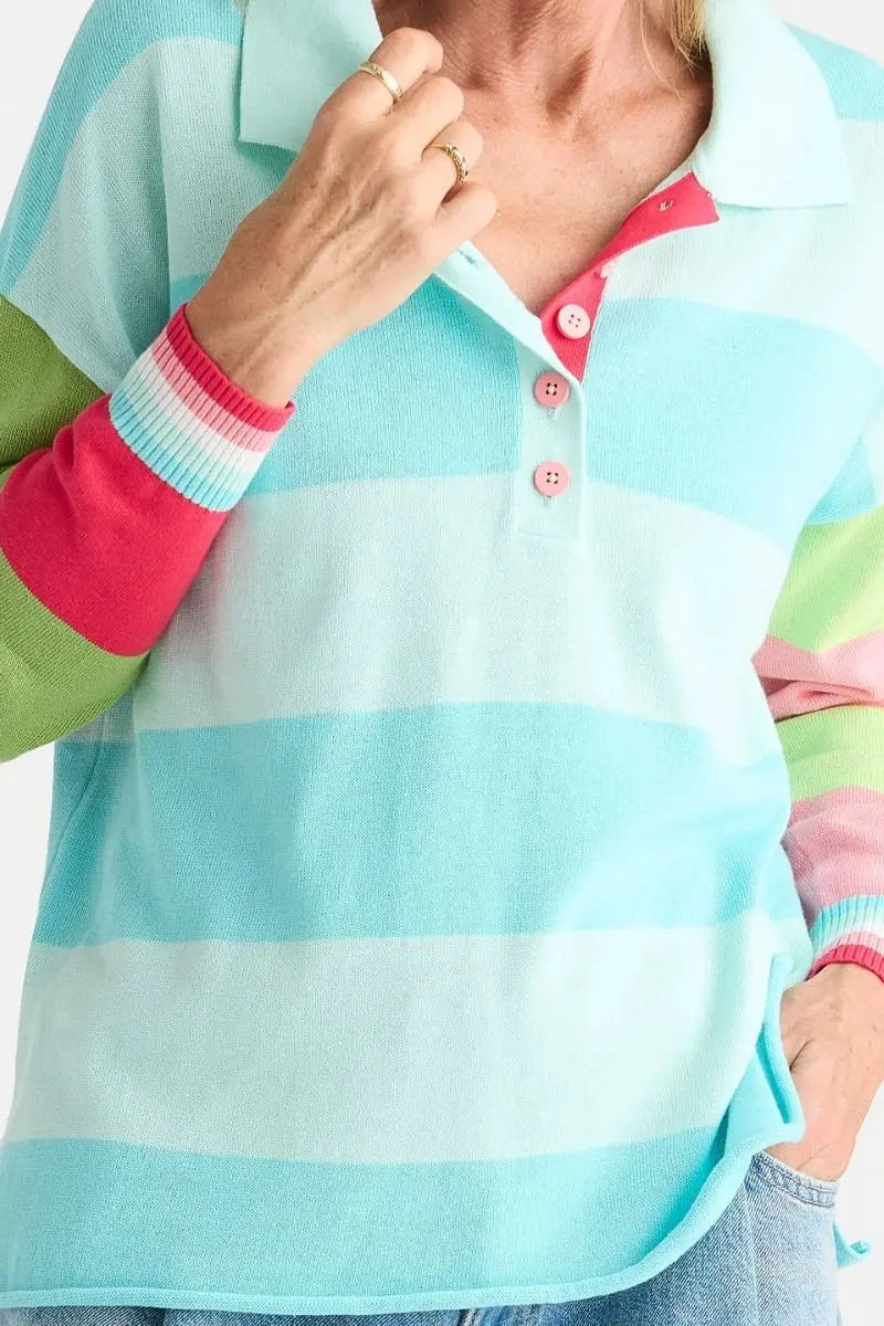 Detail of Summer Rugby Top in Breeze by Zaket & Plover style ZP8810 collar and stripe