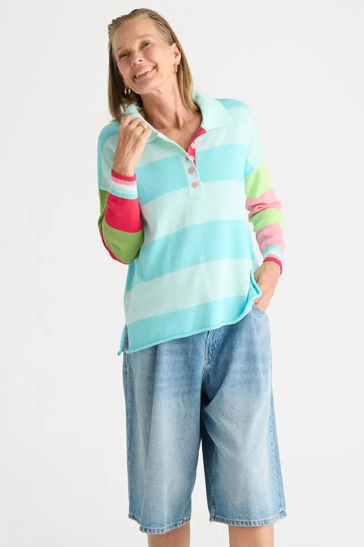 Woman wearing Summer Rugby Top in Breeze by Zaket & Plover style ZP8810 front