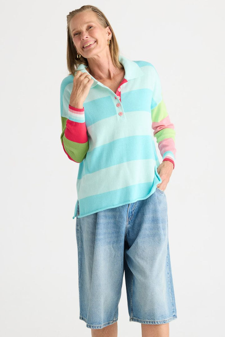 Woman wearing Summer Rugby Top in Breeze by Zaket & Plover style ZP8810 front