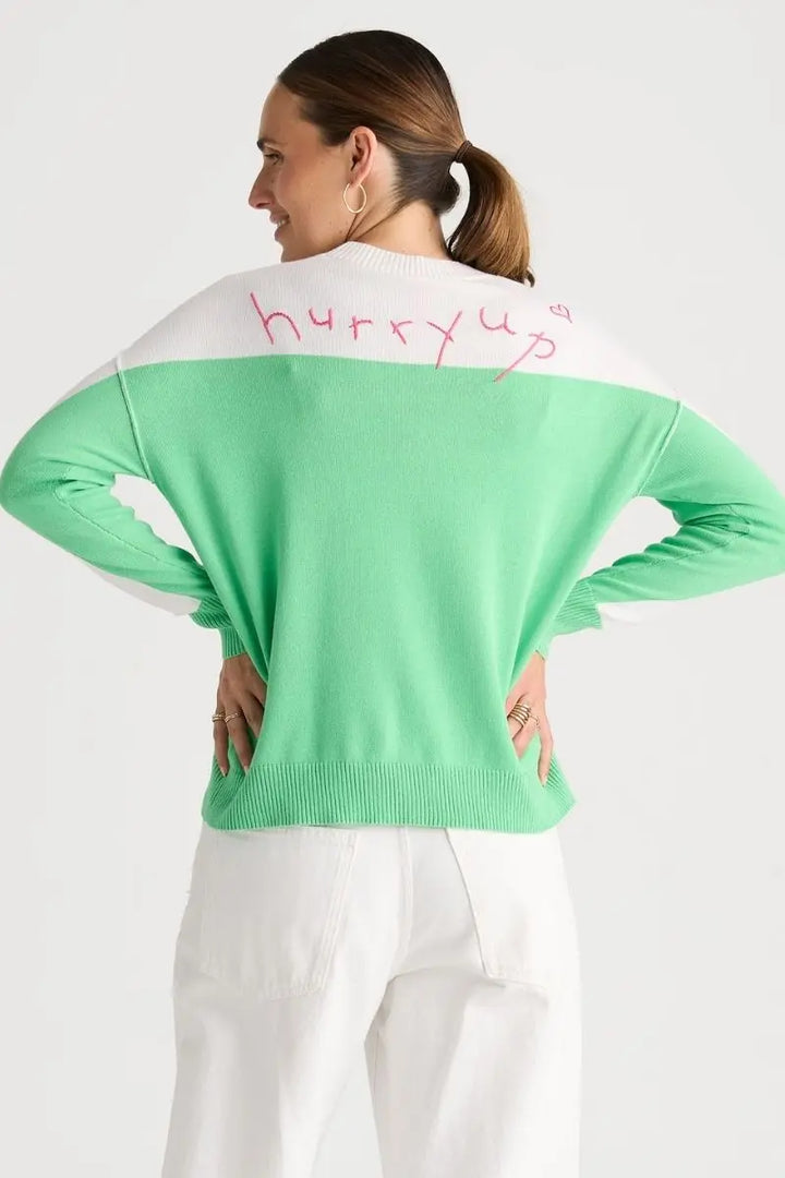 Woman wearing Hurry Up Knit in Jelly Mint by Zaket & Plover style ZP8811 back