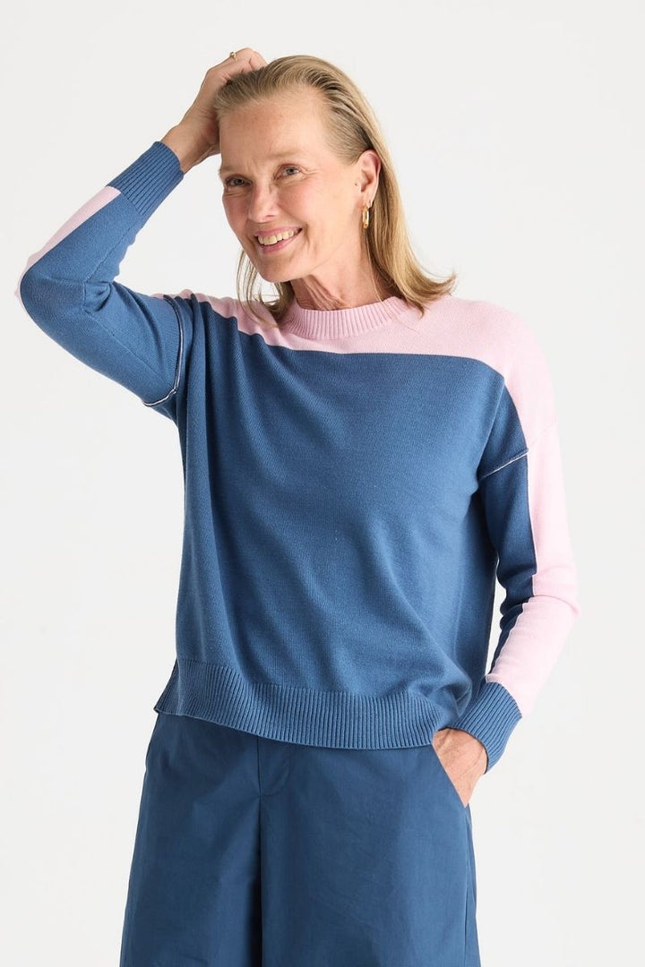 Woman wearing Hurry Up Knit in Sea by Zaket & Plover style ZP8811 front