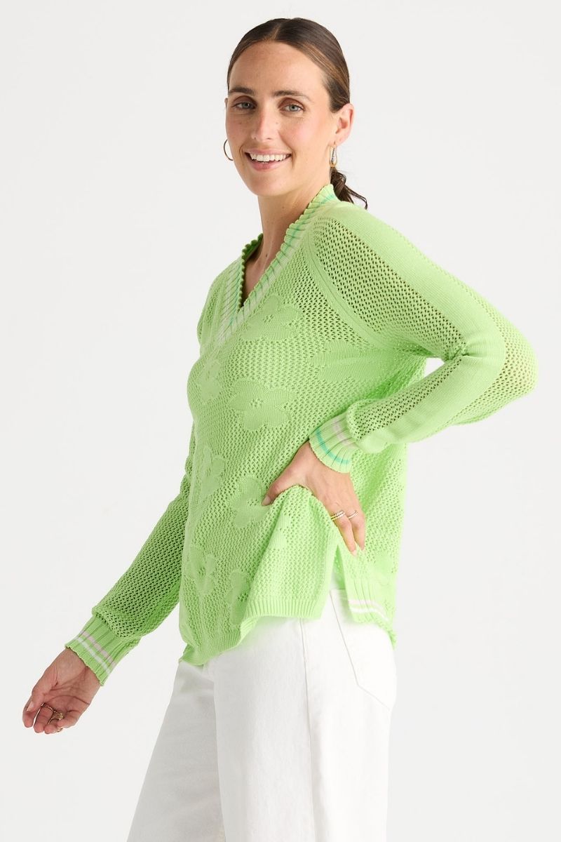 Woman wearing Floral Pointelle Vee Knit in Green by Zaket & Plover style ZP8813 side