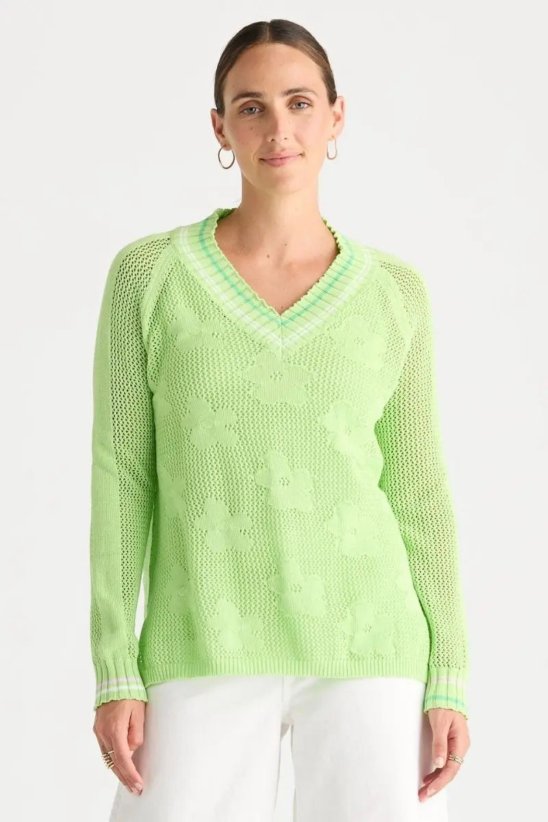 Floral Pointelle Vee Knit in Green by Zaket & Plover – ZP8813