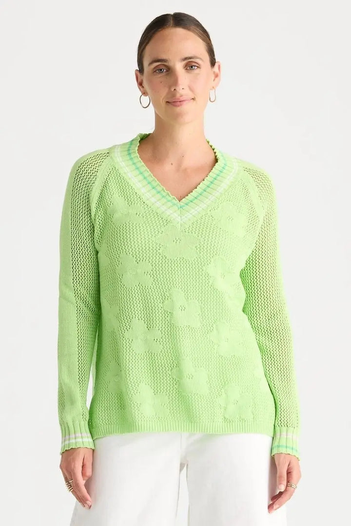 Woman wearing Floral Pointelle Vee Knit in Green by Zaket &amp; Plover style ZP8813 front
