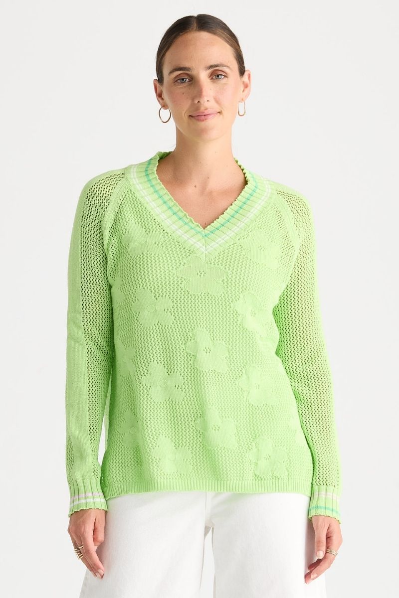 Floral Pointelle Vee Knit in Green by Zaket & Plover – ZP8813