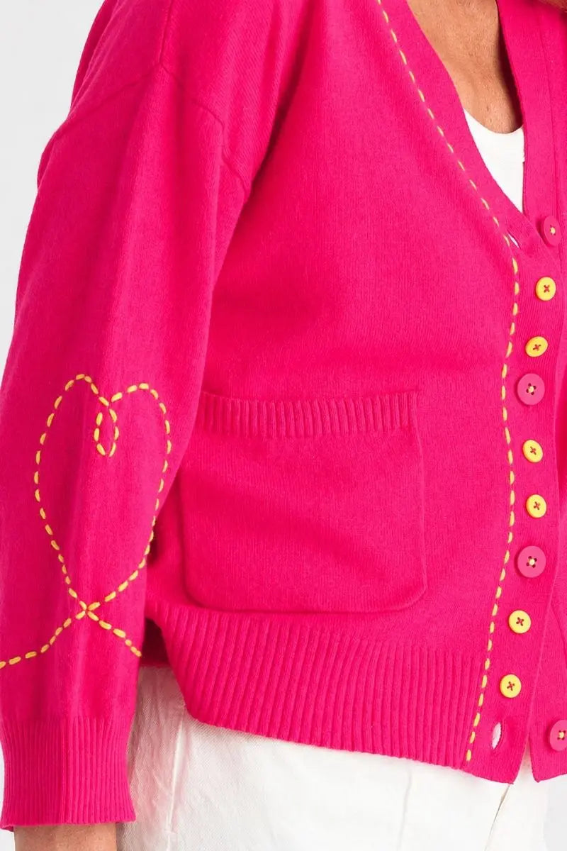 Pop Pink cardigan contrast stitch front detail ZP8821
