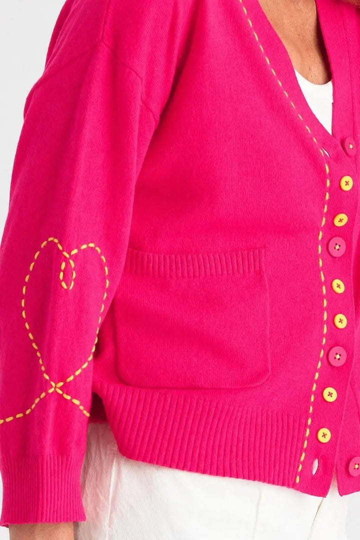 Pop Pink cardigan contrast stitch front detail ZP8821