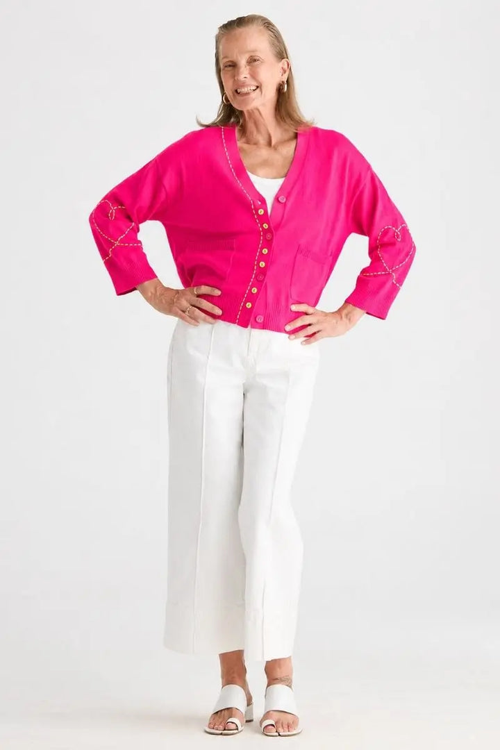Sweet Heart Cardi in Pop Pink styled with white pants ZP8821