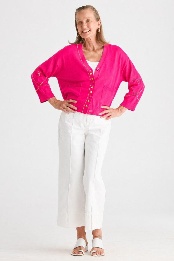Sweet Heart Cardi in Pop Pink styled with white pants ZP8821