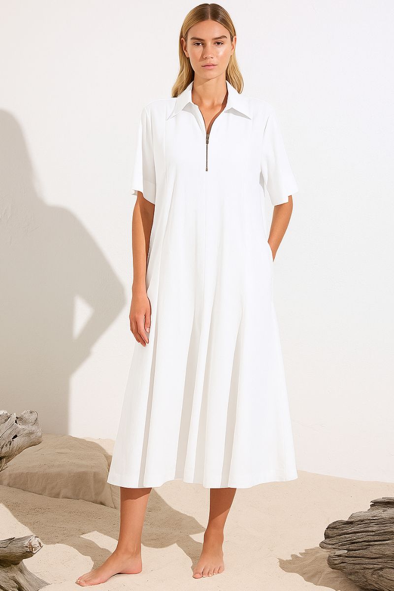 Zip Trunk Dress in White F65 3348 by Mela Purdie