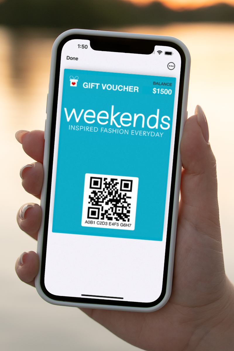 Weekends gift Cards - hand Holding Apple Phone With Digital apple wallet gift card