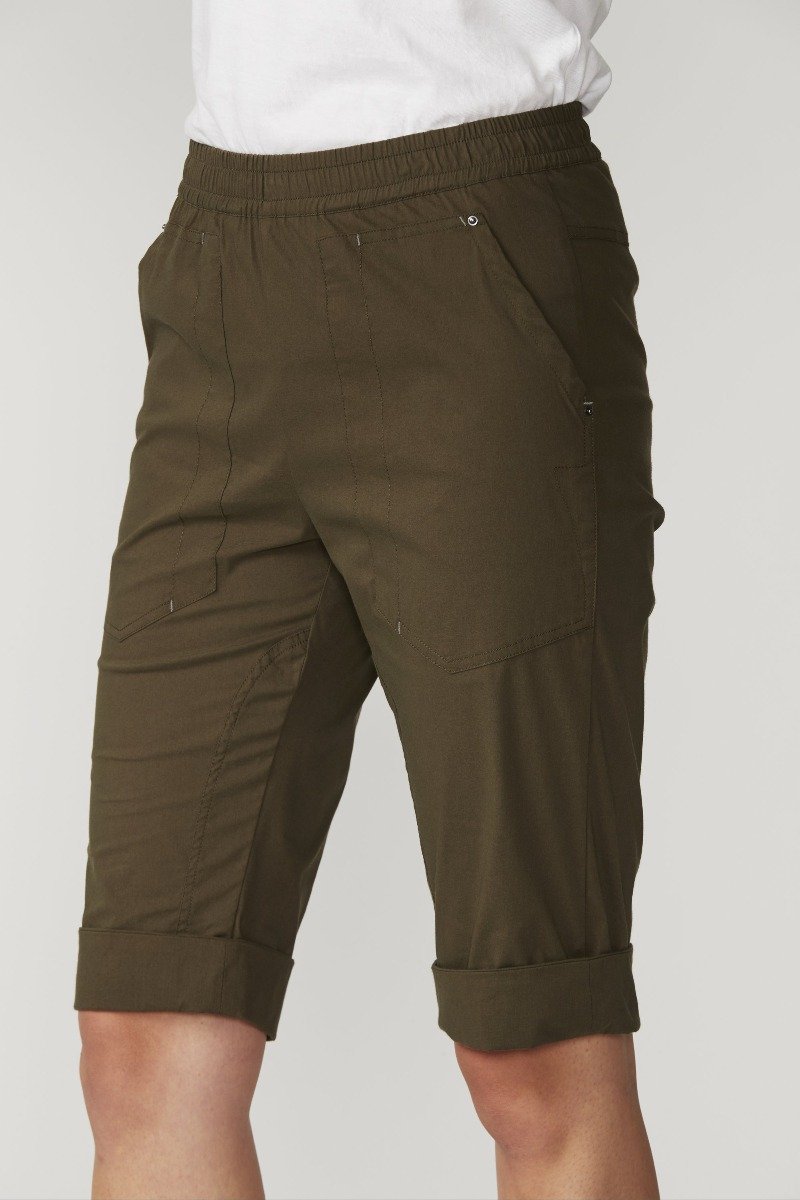 Lania the Label cuffed shorts in Olive, front waist and cuff detail.